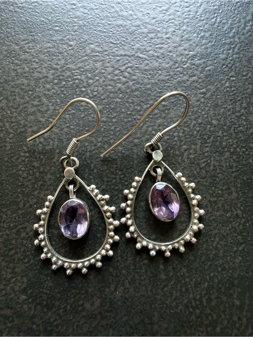 Ornate Sterling Silver Teardrop Earrings with Bezel Set Amethyst Gemstones